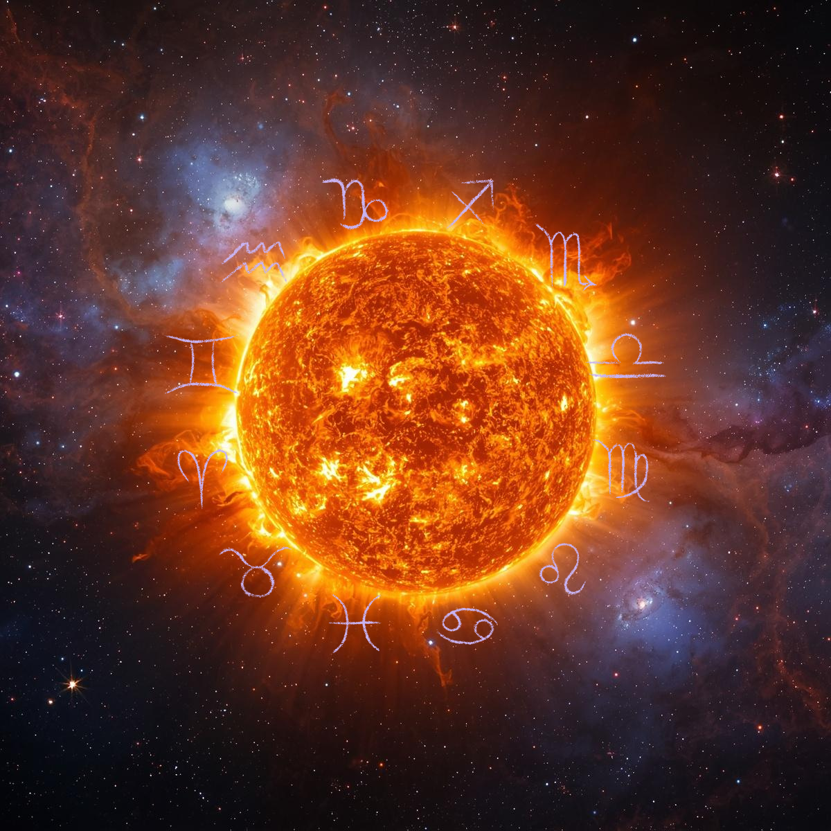 A digital illustration of the sun with zodiac signs written around it in space background.