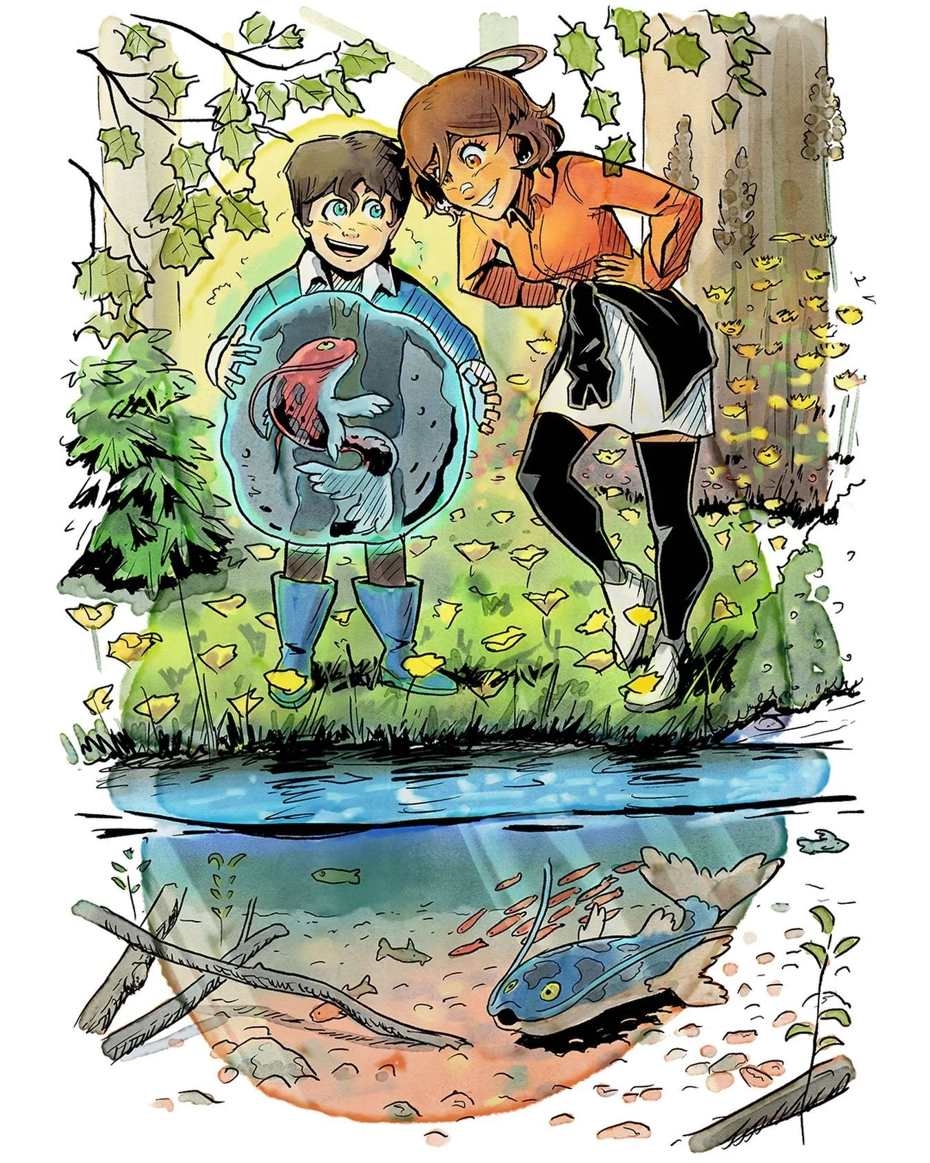 In a forest, Aaron and Robin pause during their grand journey through space to watch fish swimming in a creek. 🐟