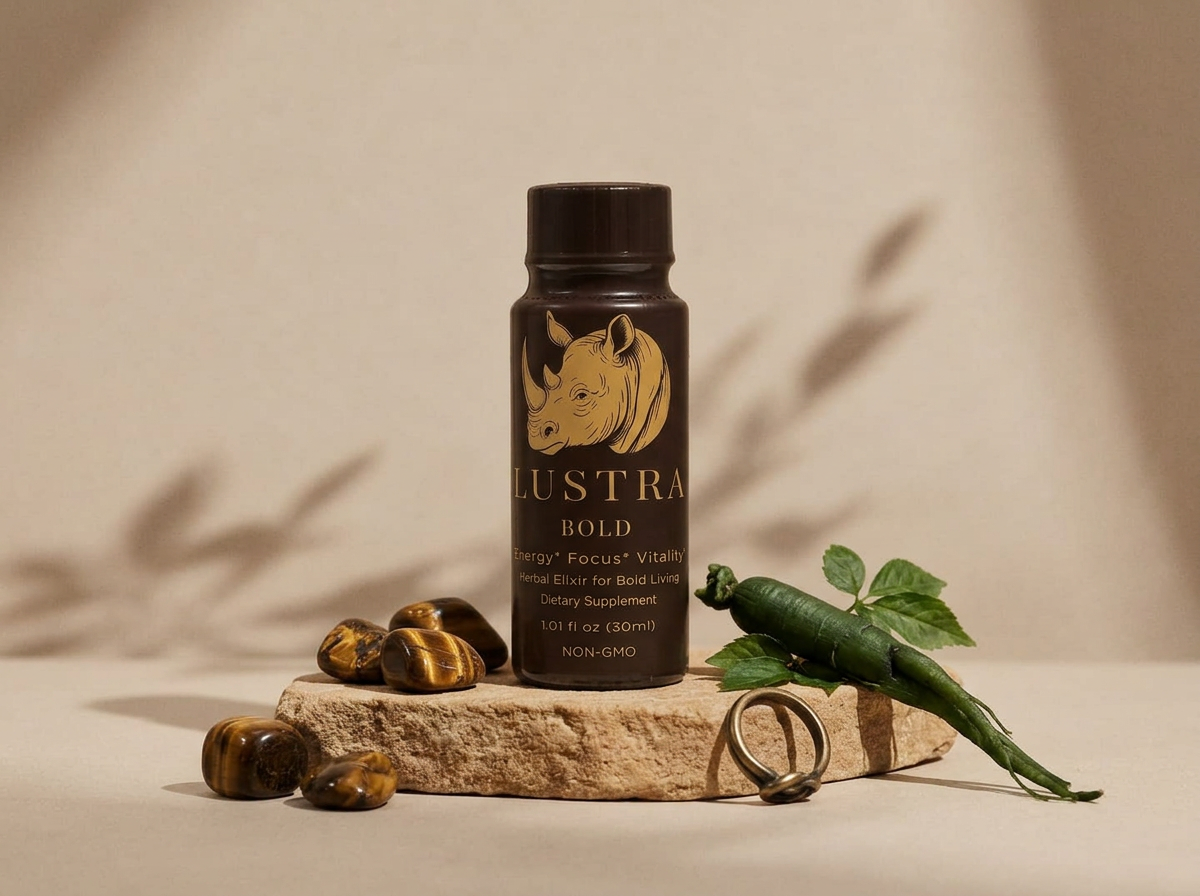 A black bottle labeled 'Lustra Bold' with a rhinoceros illustration, surrounded by tiger's eye stones, a green chili pepper, and a silver ring on a stone slab.