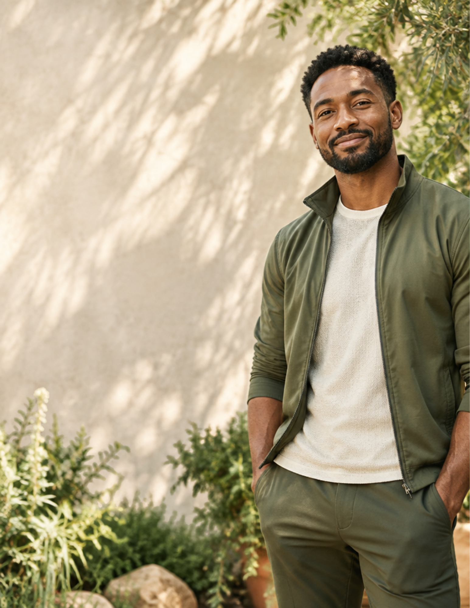 A man with a short afro and beard wearing a green jacket and pants, standing outdoors in a garden with plants and rocks, smiling and looking at the camera.