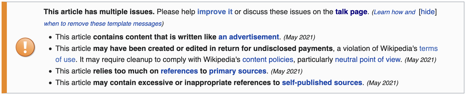 What does a flag on a Wikipedia article mean?