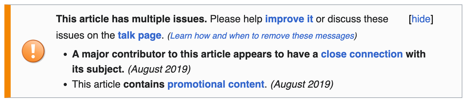 Wikipedia article warning banner stating "this article has multiple issues"