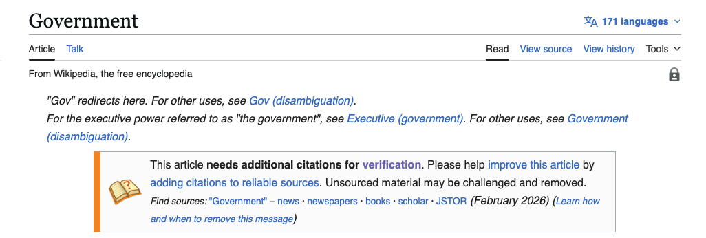 Screenshot of Government Wikipedia article