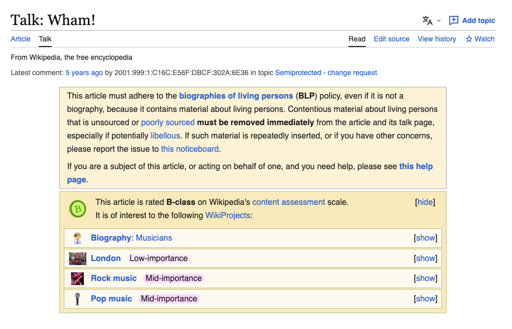 Talk page of Wham! Wikipedia article