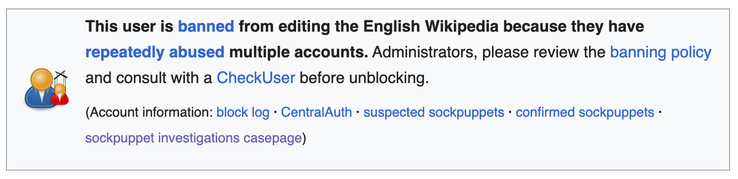 Banner stating a Wikipedia user is banned