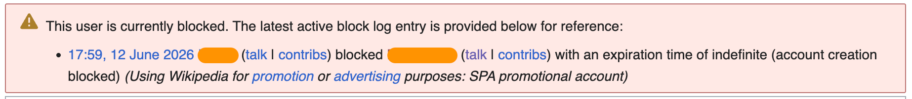 Wikipedia banner stating "this user is currently blocked"