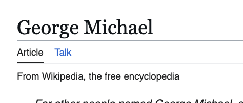 Screenshot of George Michael Wikipedia article