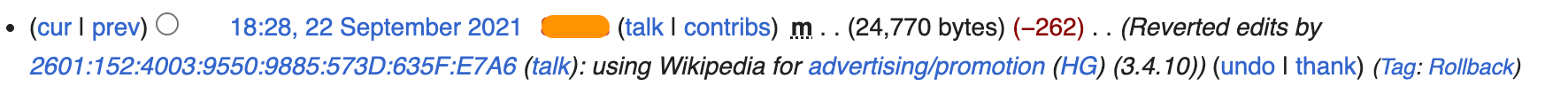 Wikipedia "diff" showing content deleted for promotion