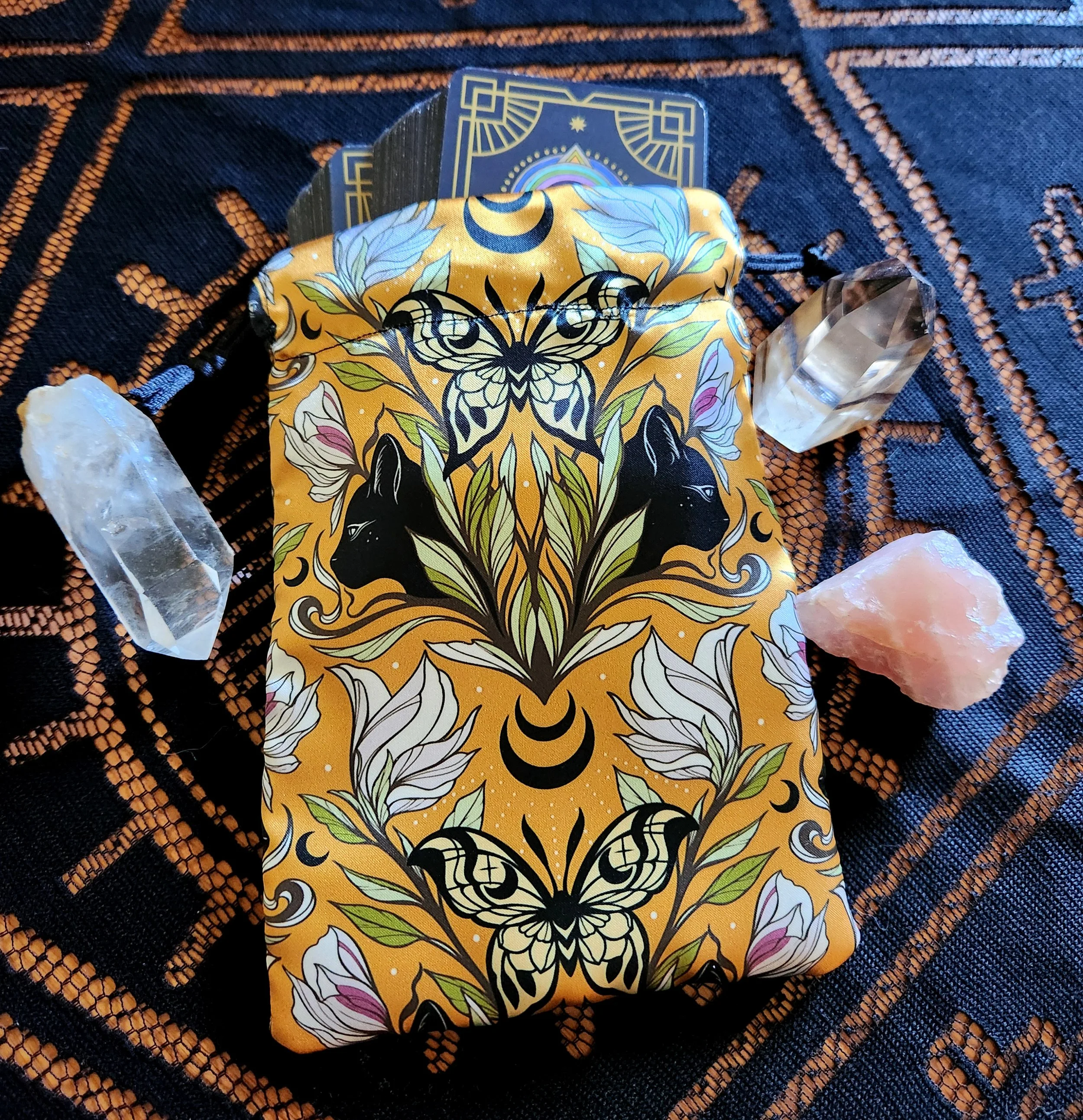 Satin Tarot Bag - Black Cats and Flowers