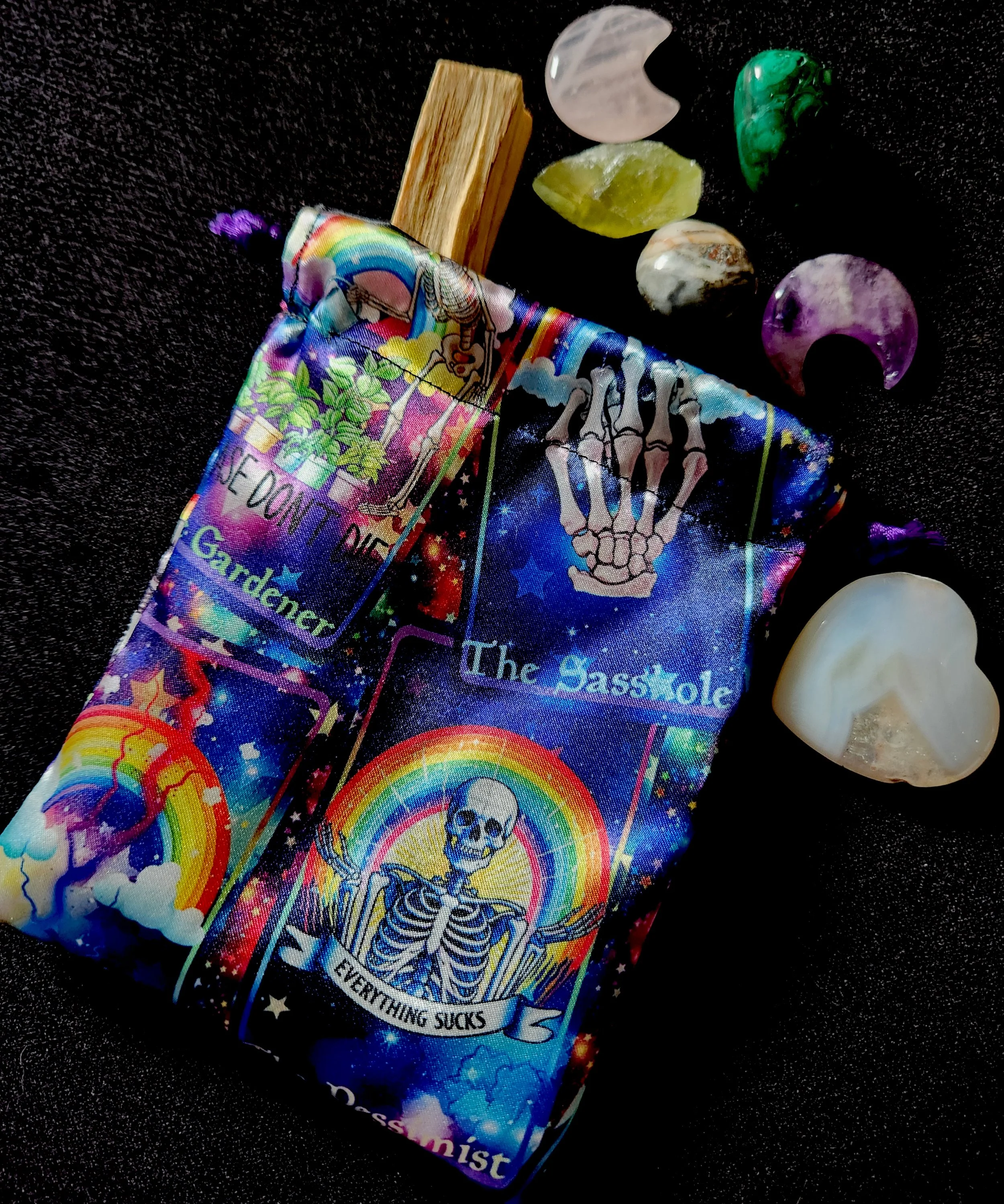 Satin Drawstring Keepsake/Dice Bag - Rainbow Skelly Tarot