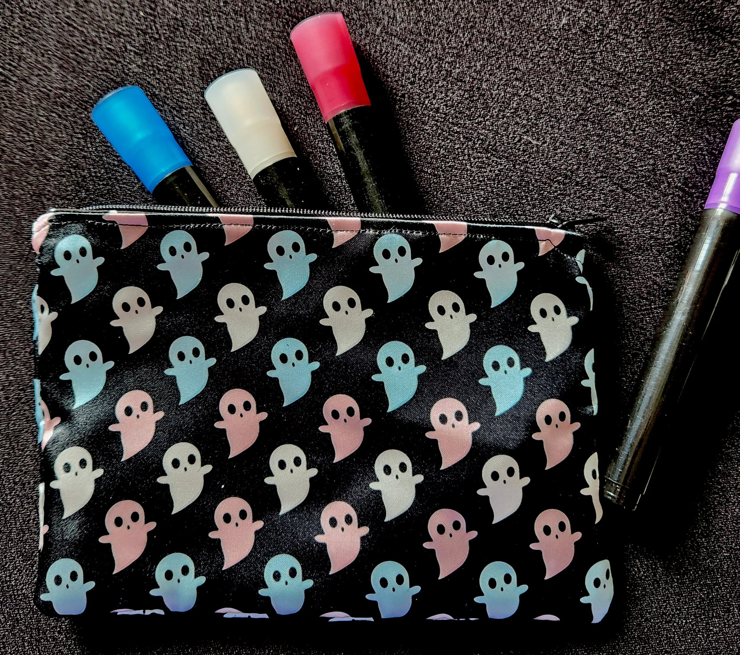 Satin Zipper Stash Bag - Trans Pride Ghosts (polka dot lining)