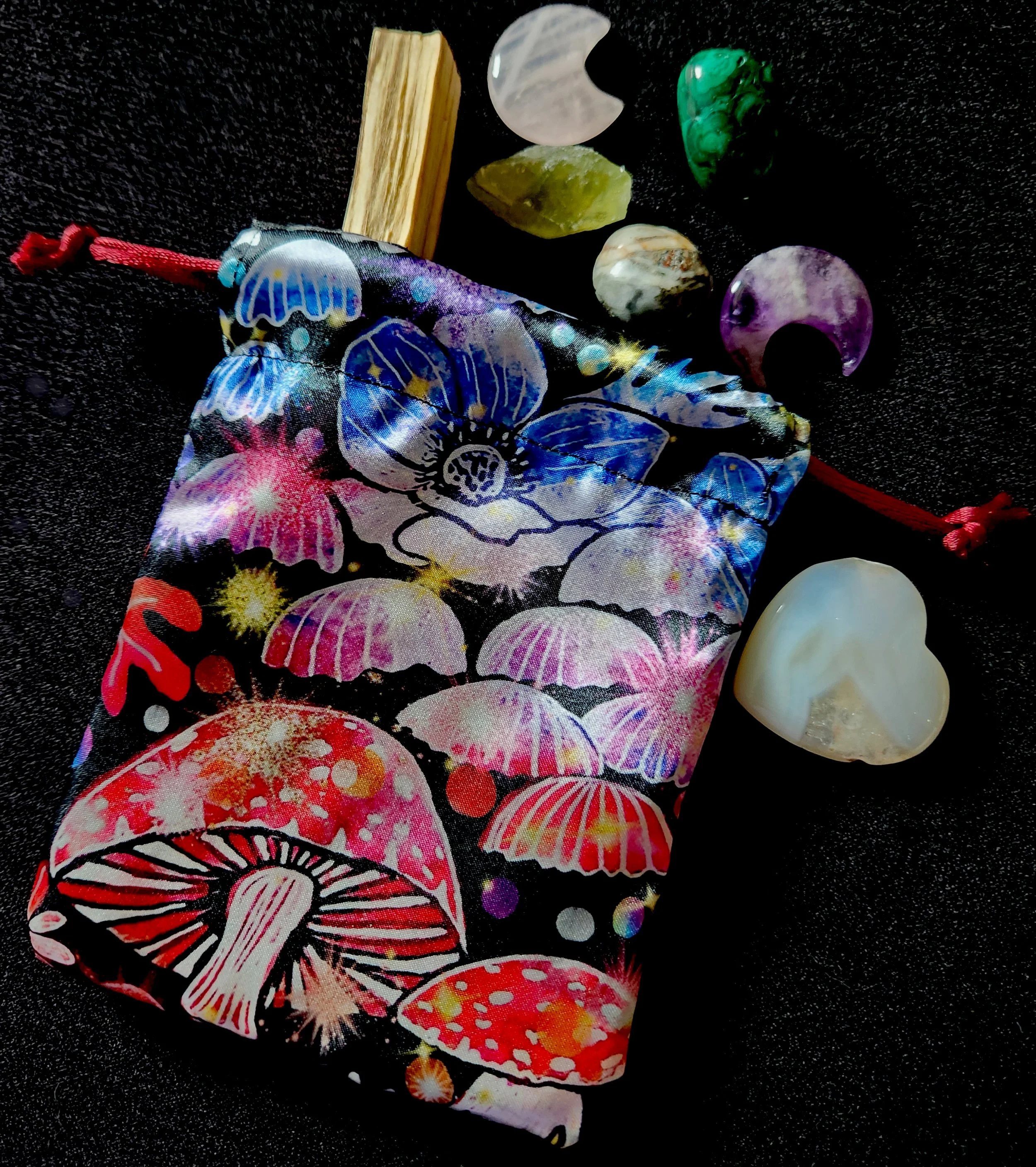 Satin Drawstring Keepsake/Dice Bag - Rainbow Shrooms