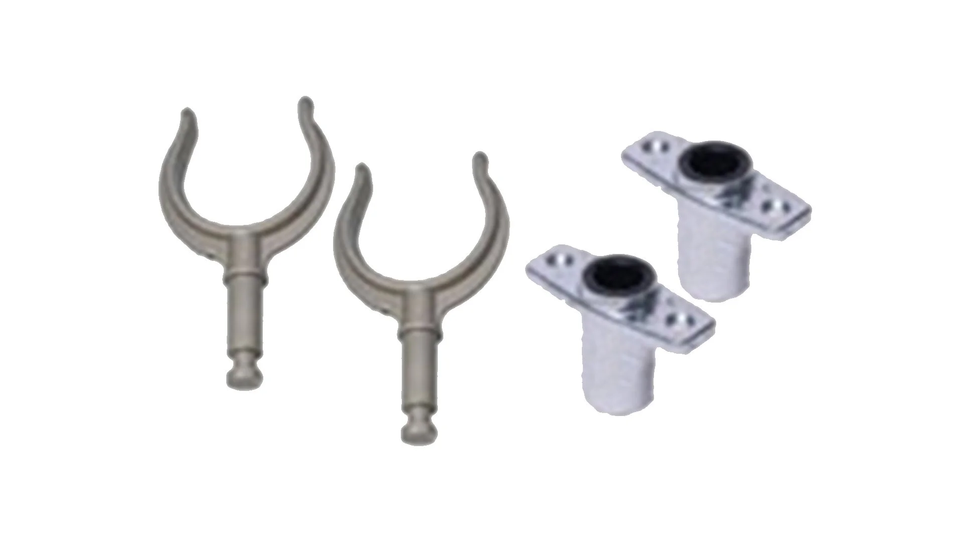 Two U-shaped metal hooks and two adjustable metal mount brackets.
