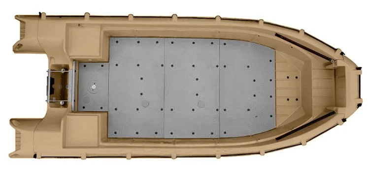 Top-down view of a small beige boat with a gray interior deck.