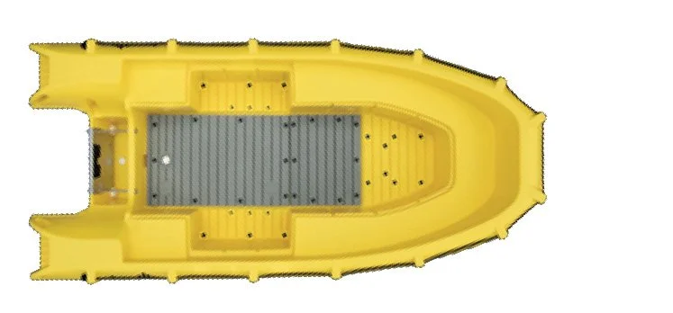 Top view of a yellow inflatable boat with a gray floor and black dots around it.
