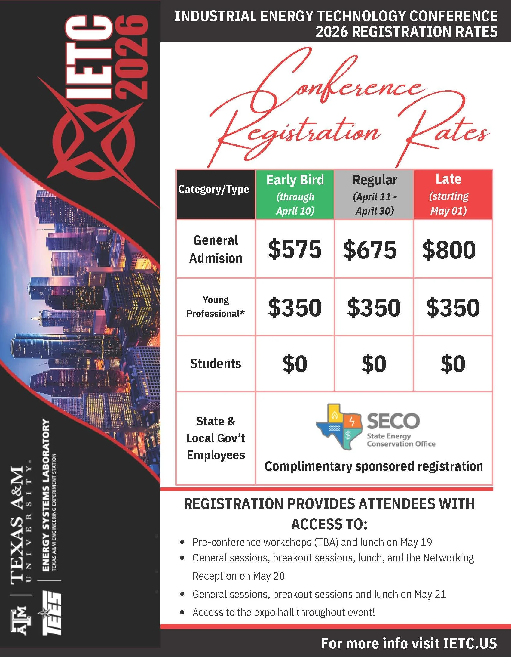 Information about registration rates for the 2026 Industrial Energy Technology Conference, including early bird, regular, and late registration prices for different categories, and details about the event schedule and benefits.