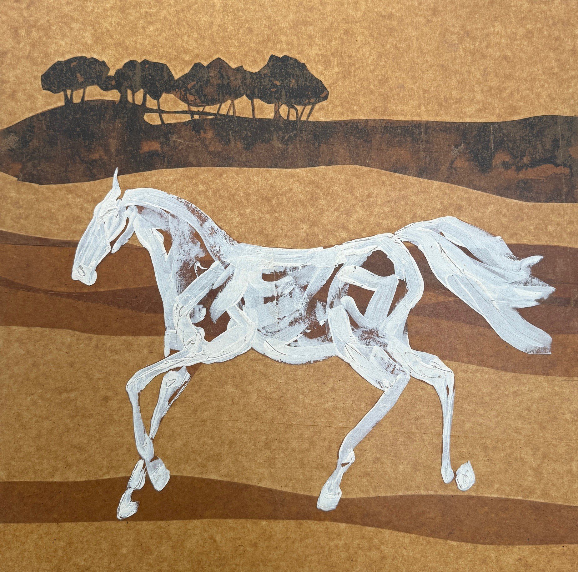 Chalk Horse Rising: Recycled brown paper and chalk paint and acrylic ink on cradled board, 47 x47 cm. Price: On Request