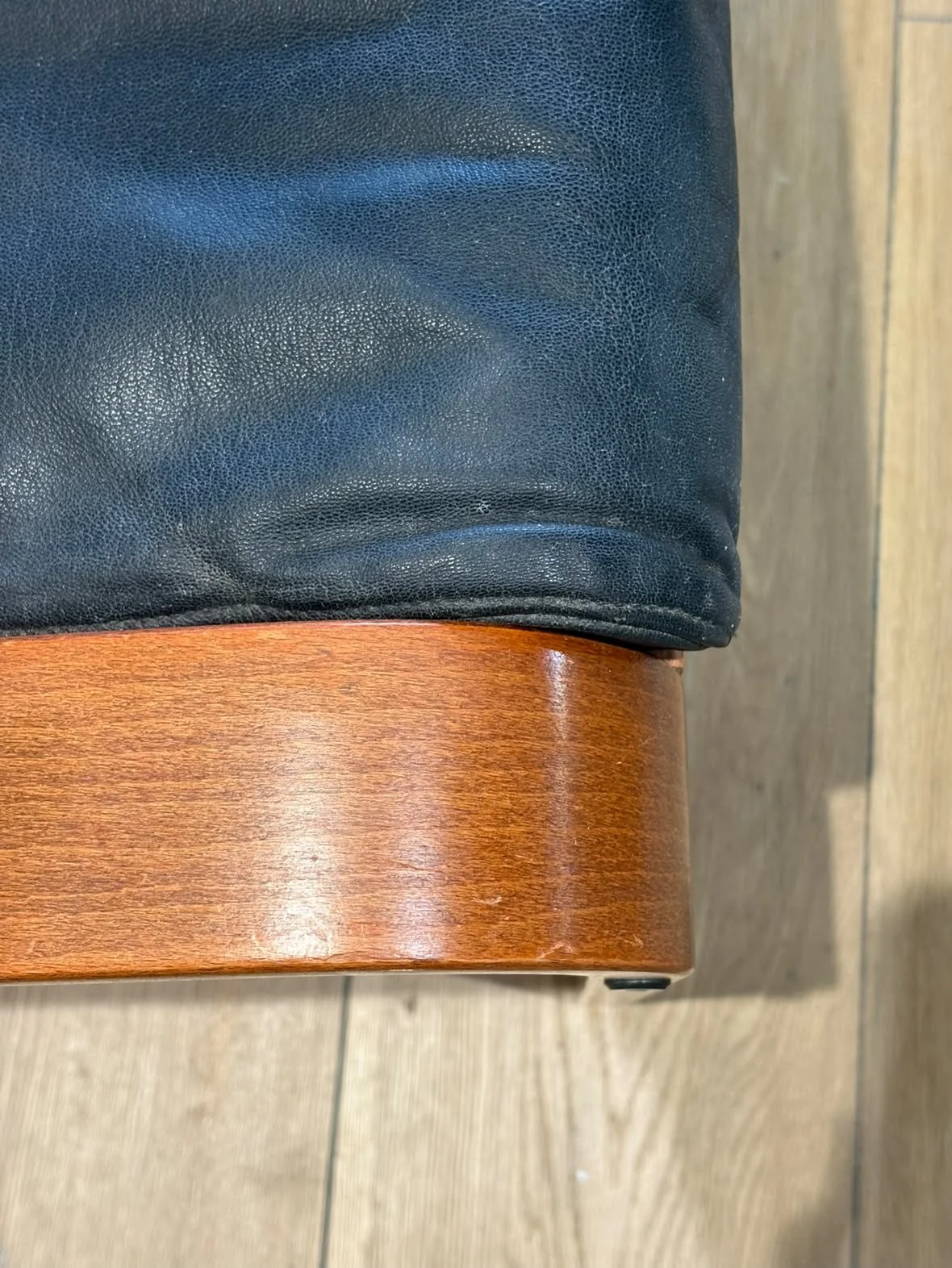 Vintage 1980s Scandinavian Modern "Poäng" Black Leather Stool by Noboru Nakamura for IKEA