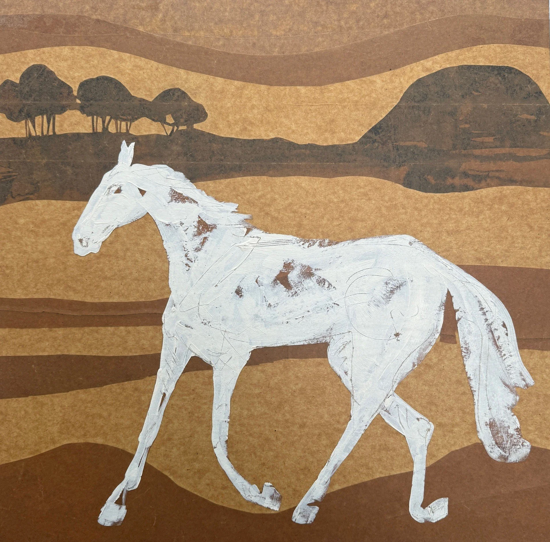 Returning from Swallow Head Spring: Recycled brown paper and chalk paint and acrylic ink on cradled board, 57.5 x 57.5cm. Price: On Request