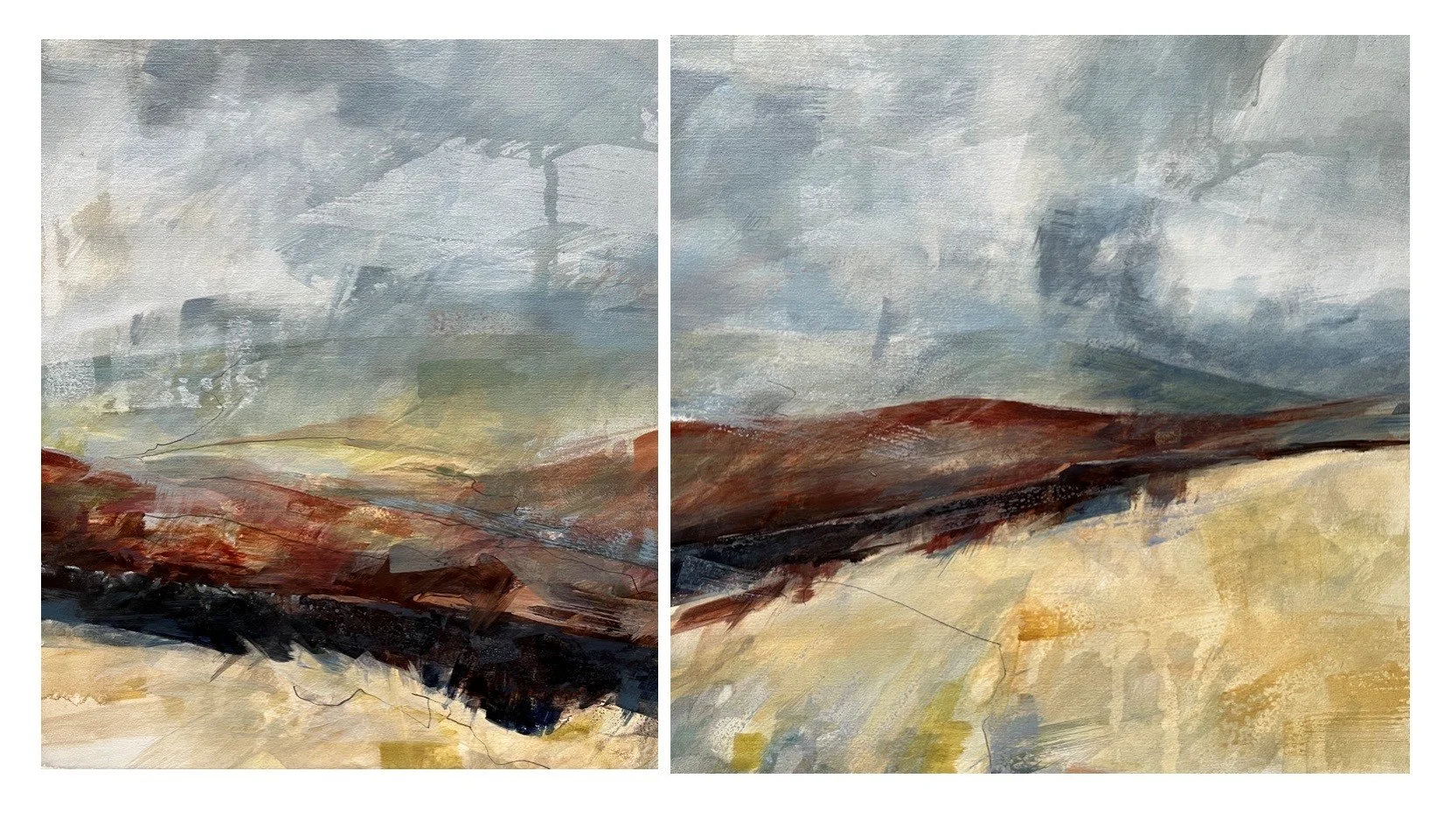 Heaven sent: Yorkshire Dales I  2026 -
Acrylic and  marble dust on paper cradle mounted and framed in dark wood as a diptych: 33.5 x 59.5cm
