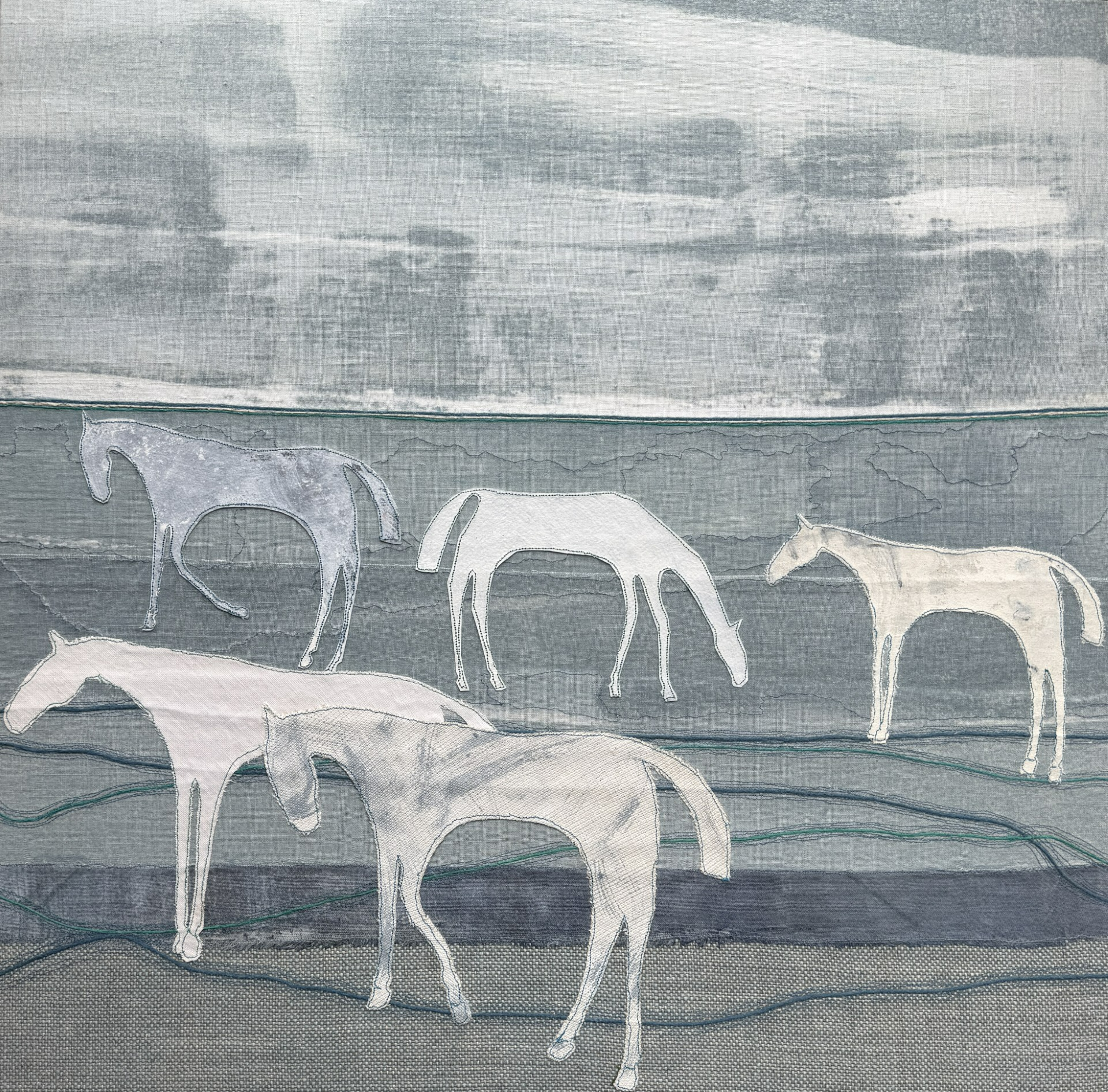 The Silent Herd: Soya pigment on linen, with chalk paint, recycled fabric, yarn and stitch, 60.9 x 60.9 cm Price: On Request