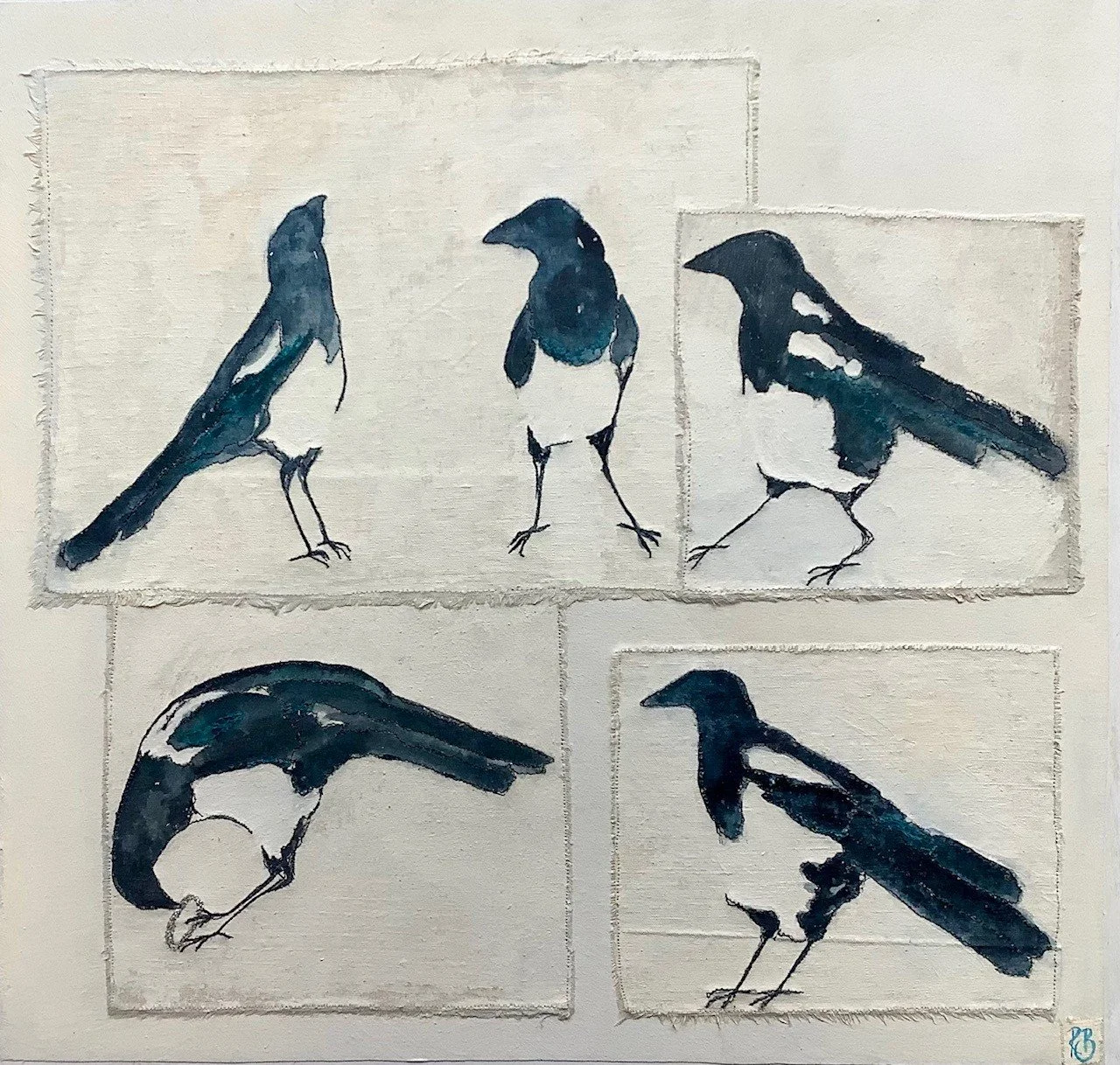 Five for silver I: Acrylic ink, chalk paint on paper and linen with stitch on cradled board,  53.5 x 53.5 cm. Price: On Request