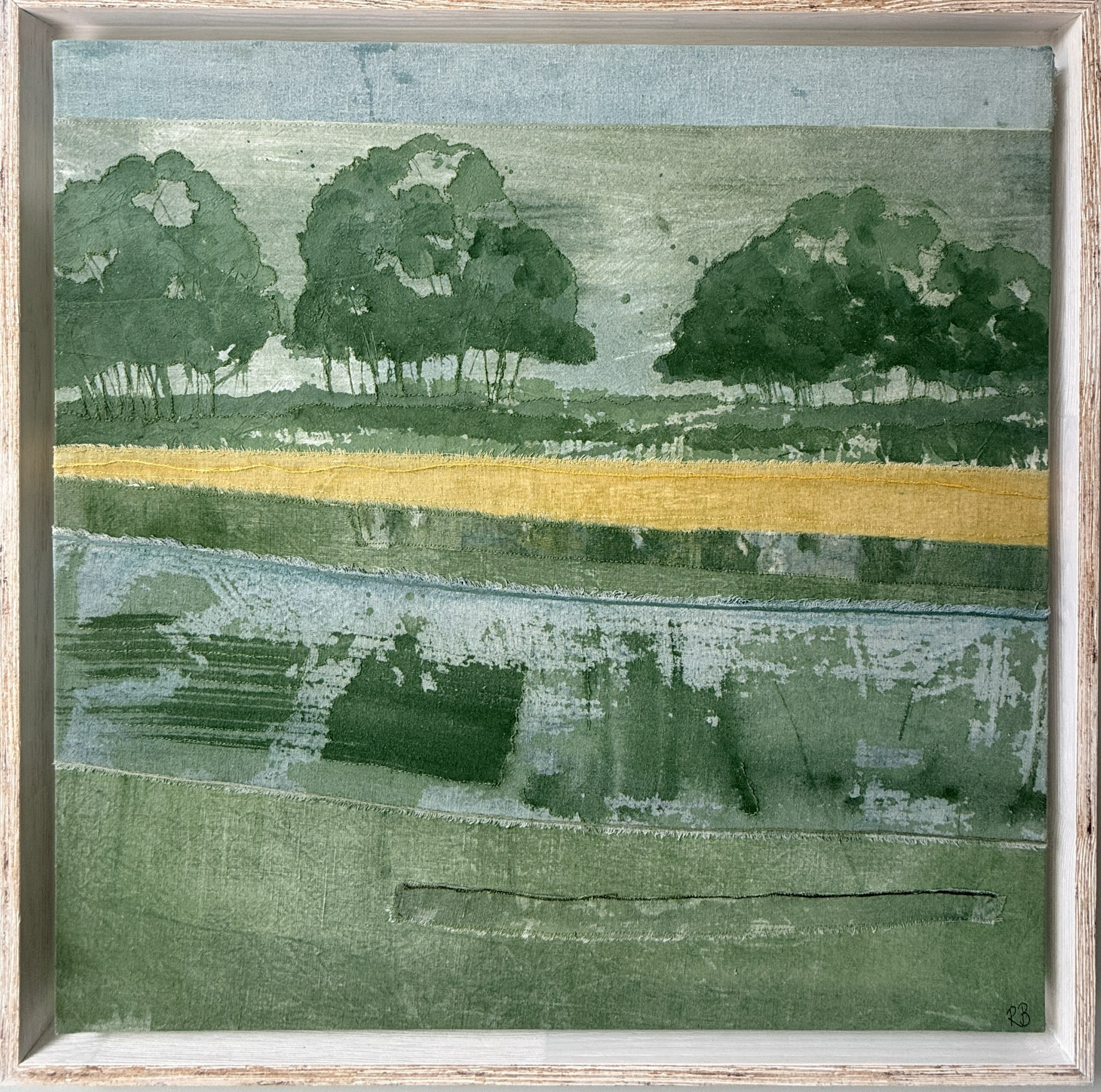Held Light: Soya milk on linen with thread and stitch, 67.2 x 67.2 cm Price: On Request