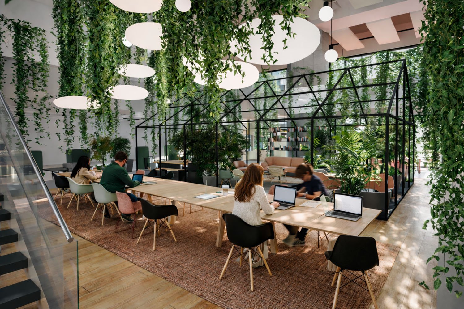 Espacio de trabajo colaborativo y diseño de oficinas modernas con iluminación natural, proyecto de arquitectura por Candela Studio.