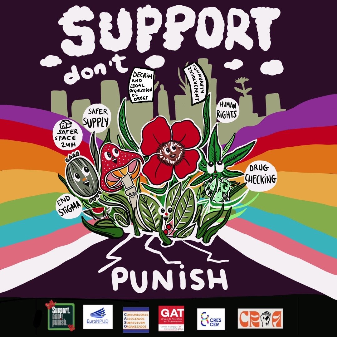 POSTER 2024 EURONPUD Campaign : Support. Don’t Punish is a global grassroots-centred initiative in support of harm reduction and drug policies that prioritise public health and human rights.
