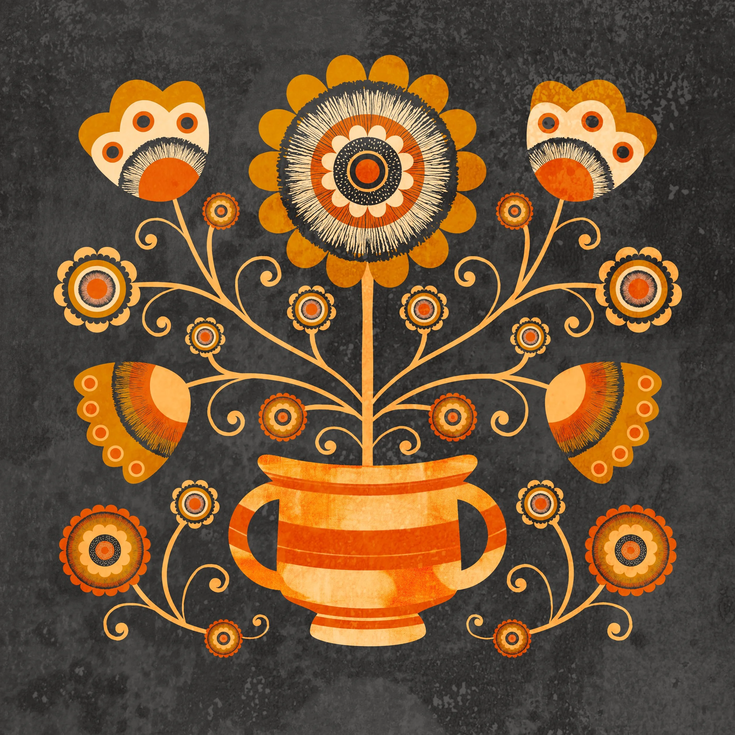 Decorative floral illustration of stylized flowers in a vase inspired by folk art and arts and crafts design.