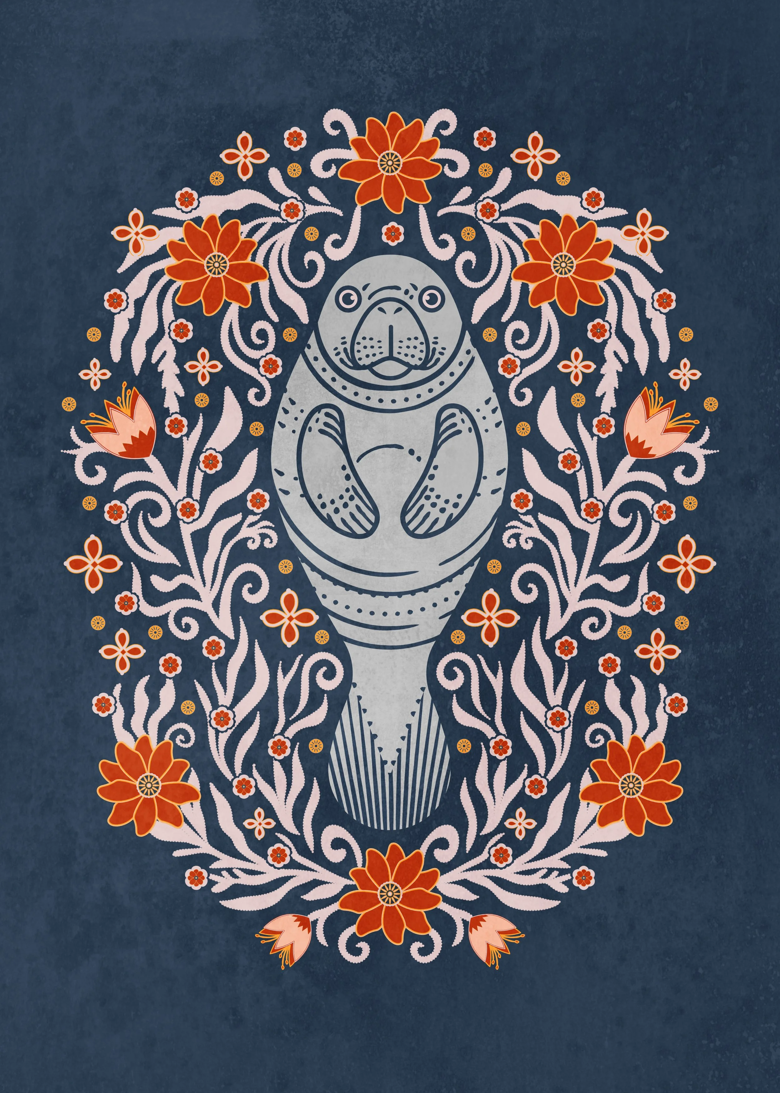 A decorative floral folk illustration of a Florida manatee, surrounded by symmetrical botanical elements and ocean-inspired ornamentation. The composition combines gentle marine forms with vibrant floral detail, creating a balanced and nature-driven 