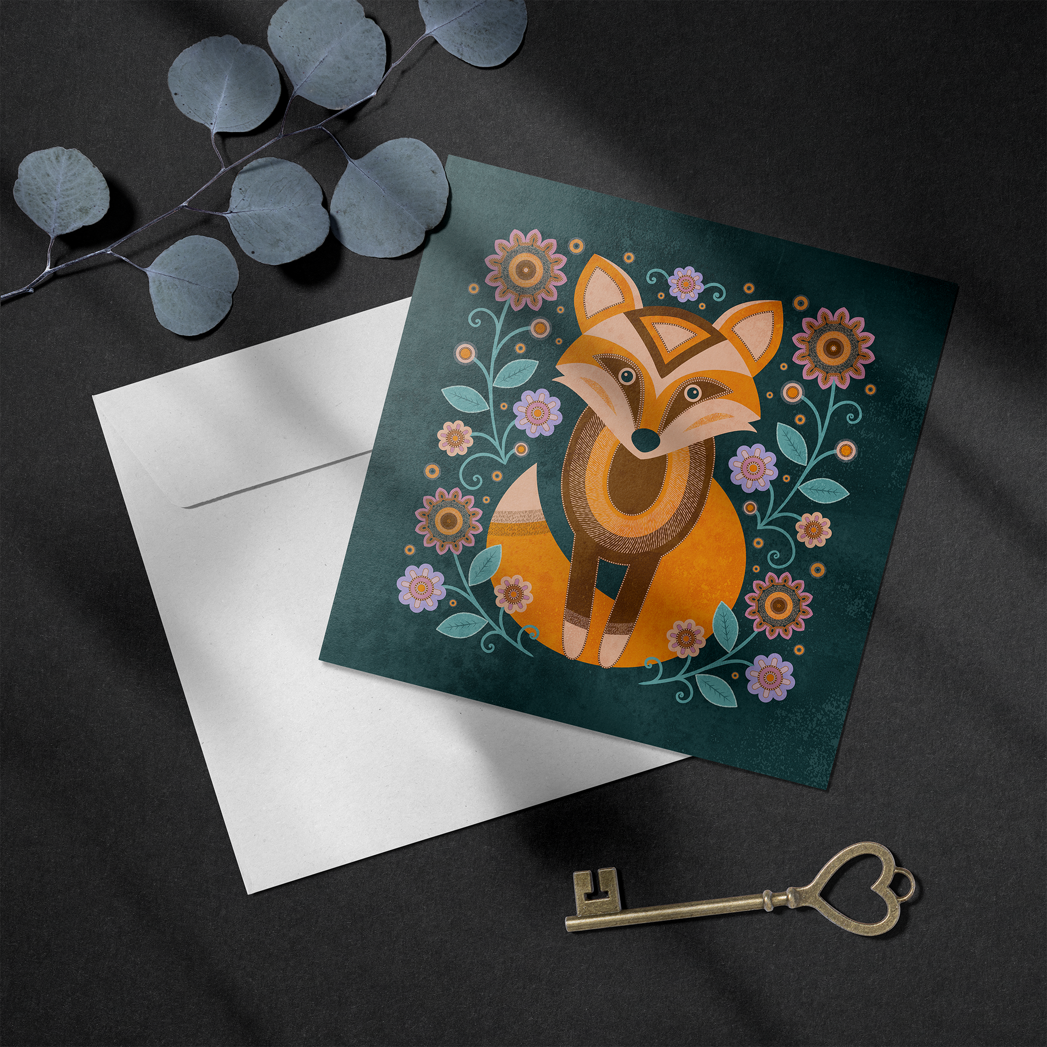 Fox-themed whimsical greeting card with coordinating envelope, part of a floral folk art card set.