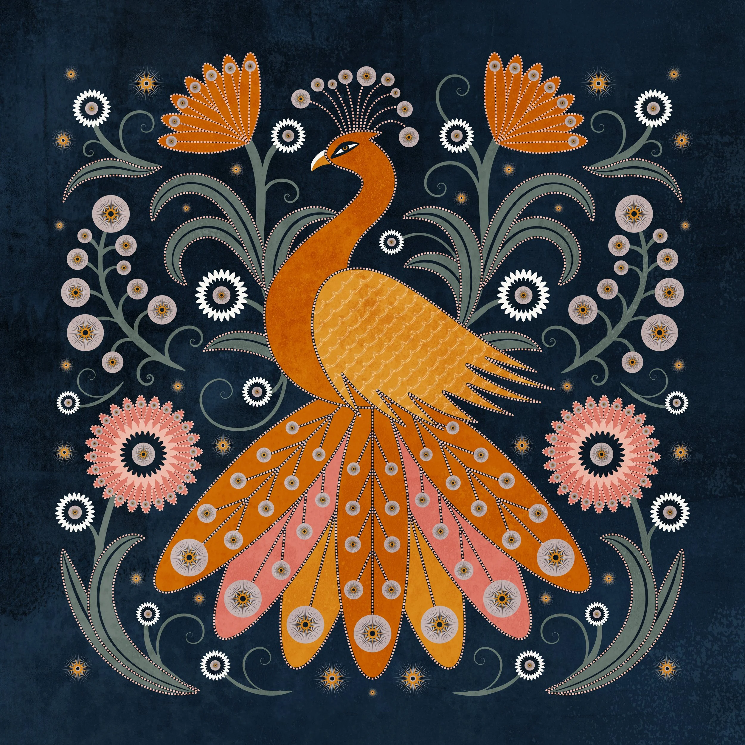 Decorative peacock illustration in folk art style with ornate floral detailing and rich layered color.