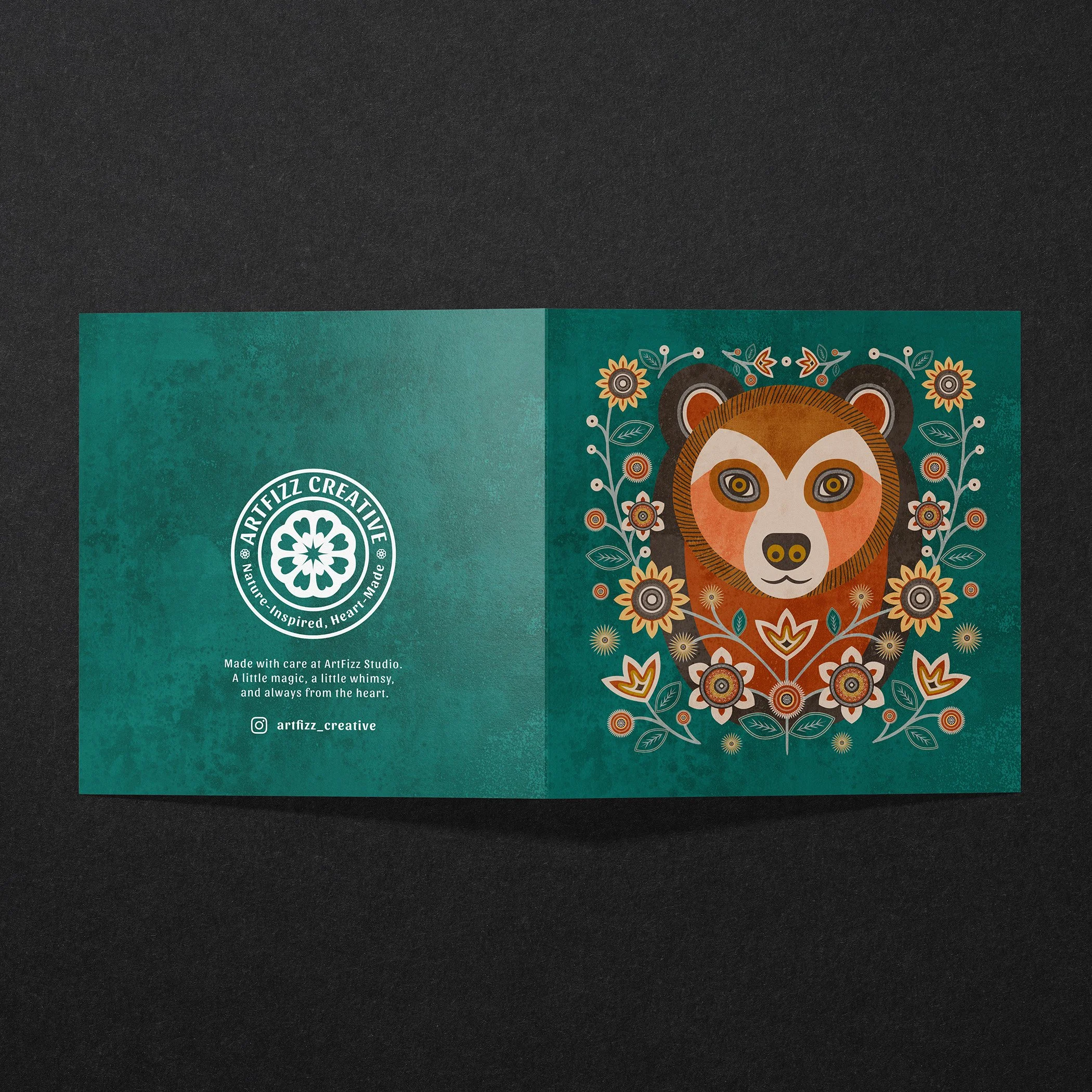 Open whimsical animal greeting card set showing inside blank interior and branded back design.