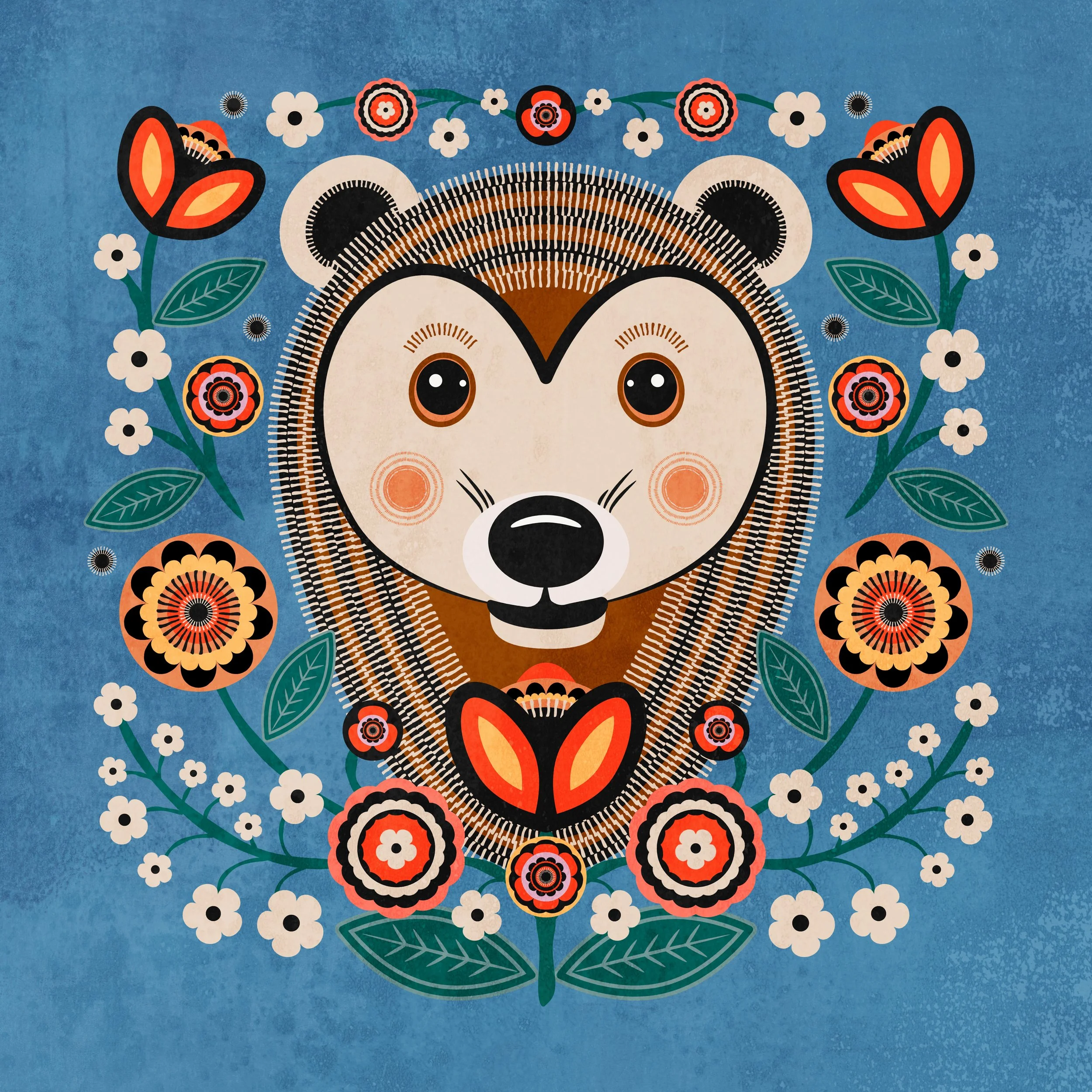 Whimsical hedgehog illustration with floral folk-inspired decorative pattern and layered color detail.