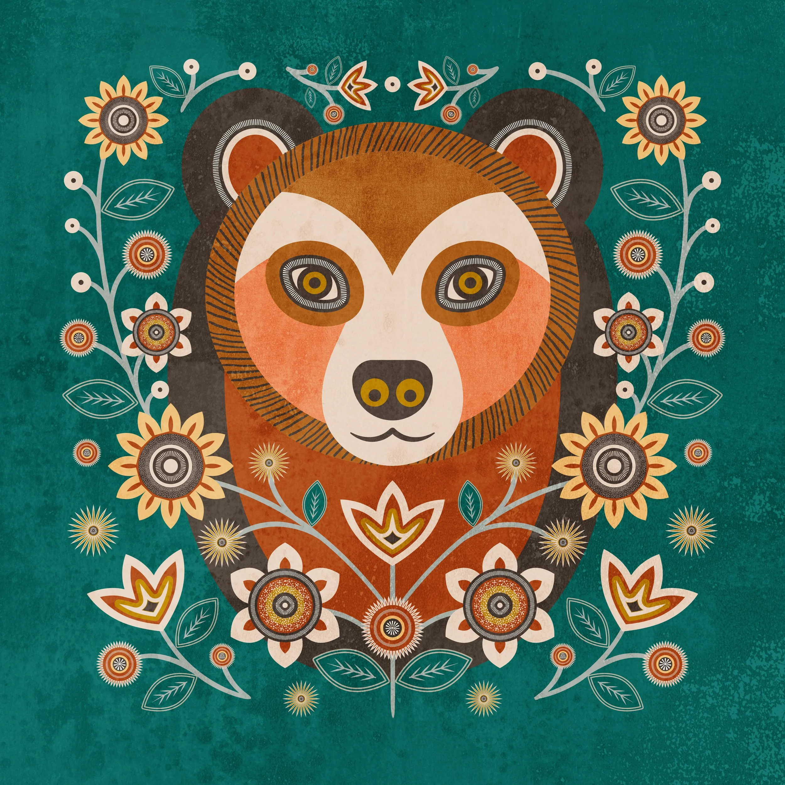 Whimsical bear illustration with floral folk-inspired decorative detailing in symmetrical composition.
