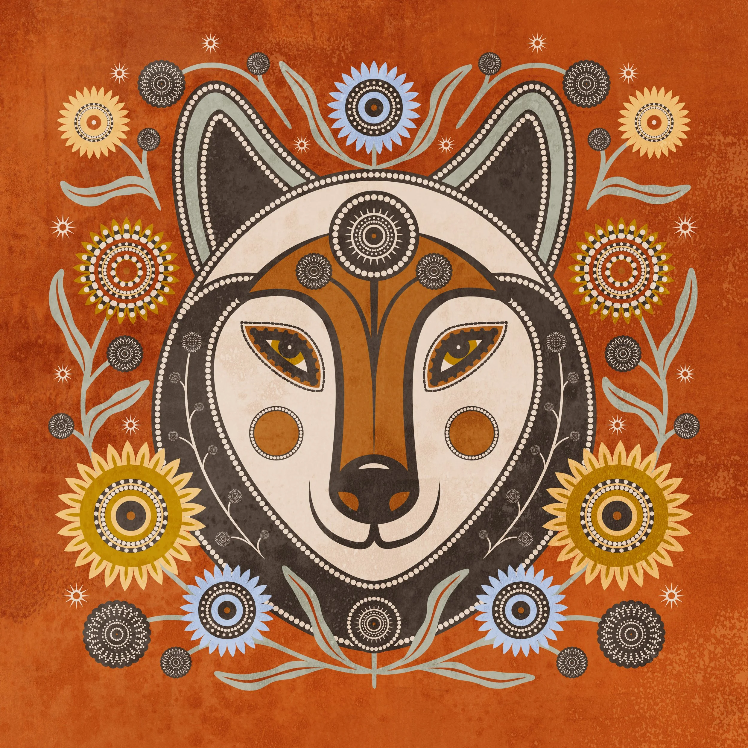 Floral folk-style wolf illustration featuring intricate decorative patterns and bold symmetrical composition.