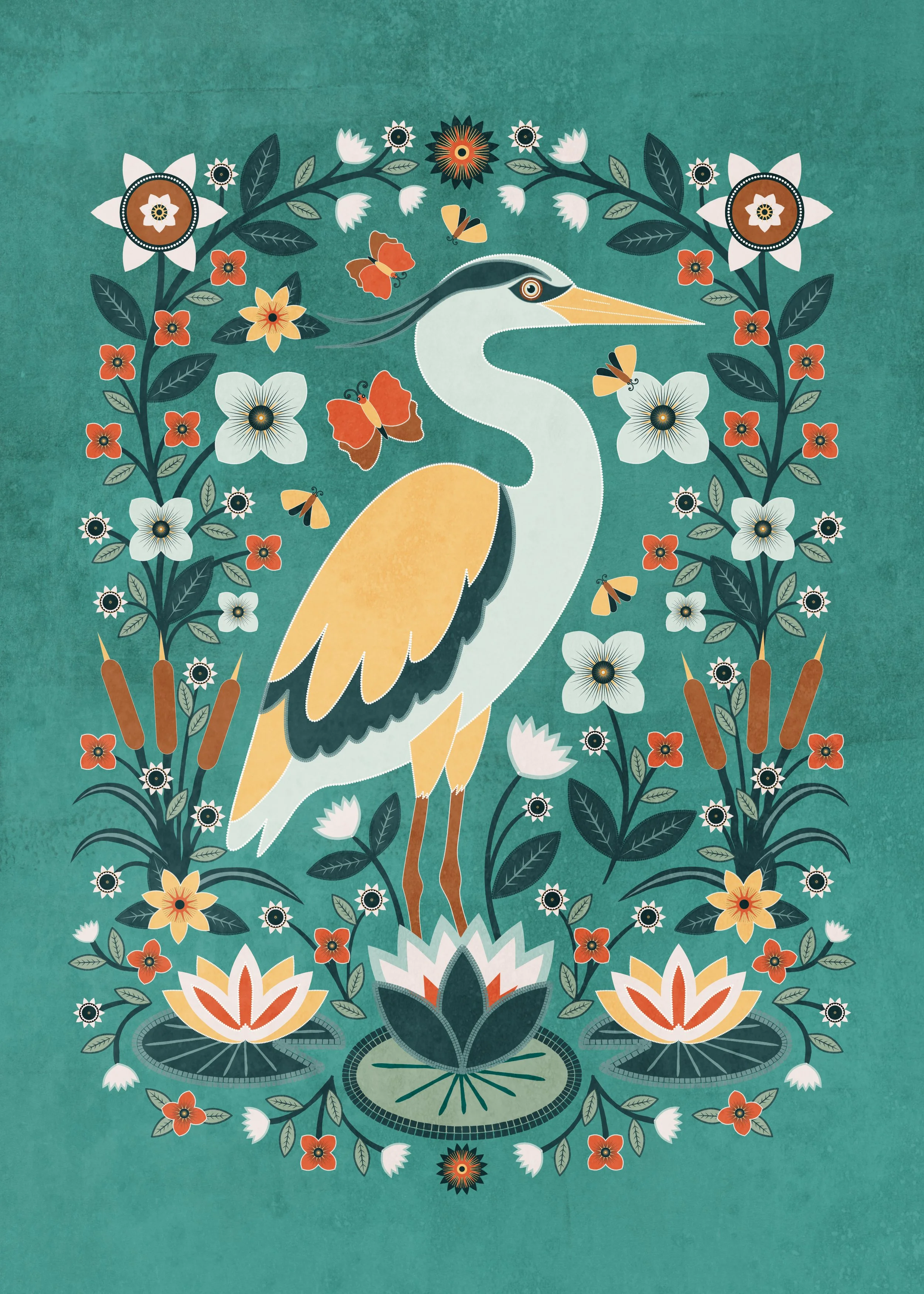 A floral folk–inspired illustration of a Florida heron standing among water lilies, cattails, and blooming wildflowers. The composition features symmetrical botanical ornamentation and a vibrant nature-inspired palette. Created digitally as vector ar
