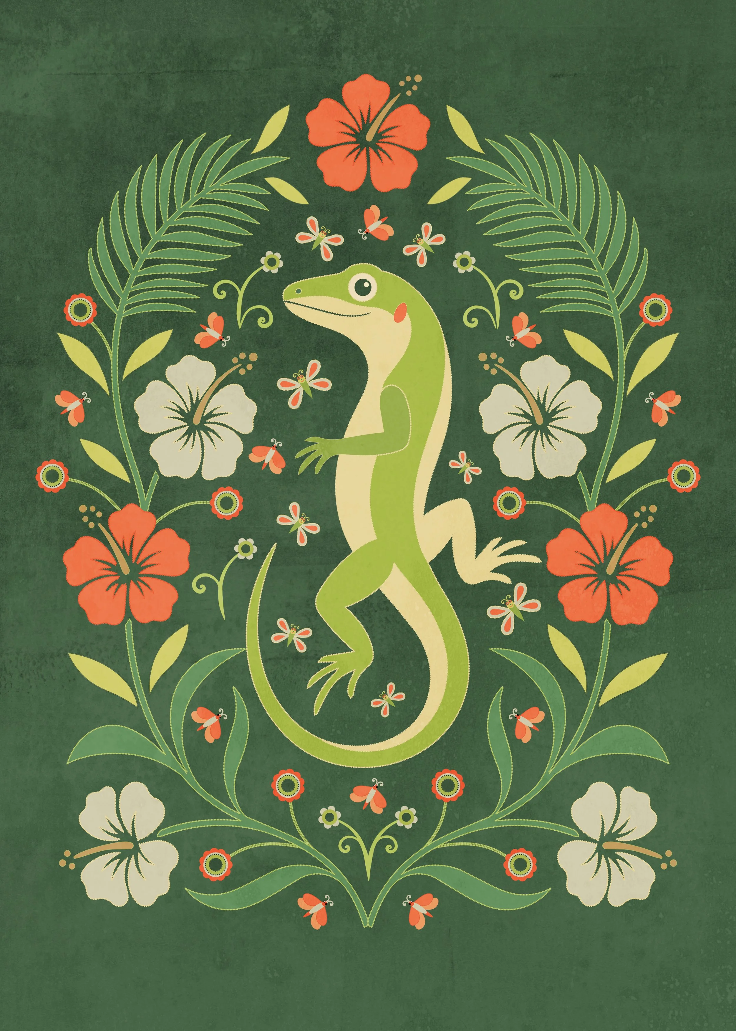 A decorative floral folk illustration of a Florida lizard set within symmetrical tropical foliage, flowers, and butterflies. The composition blends bold color with intricate botanical detail, creating a vibrant, nature-inspired design. Developed as v