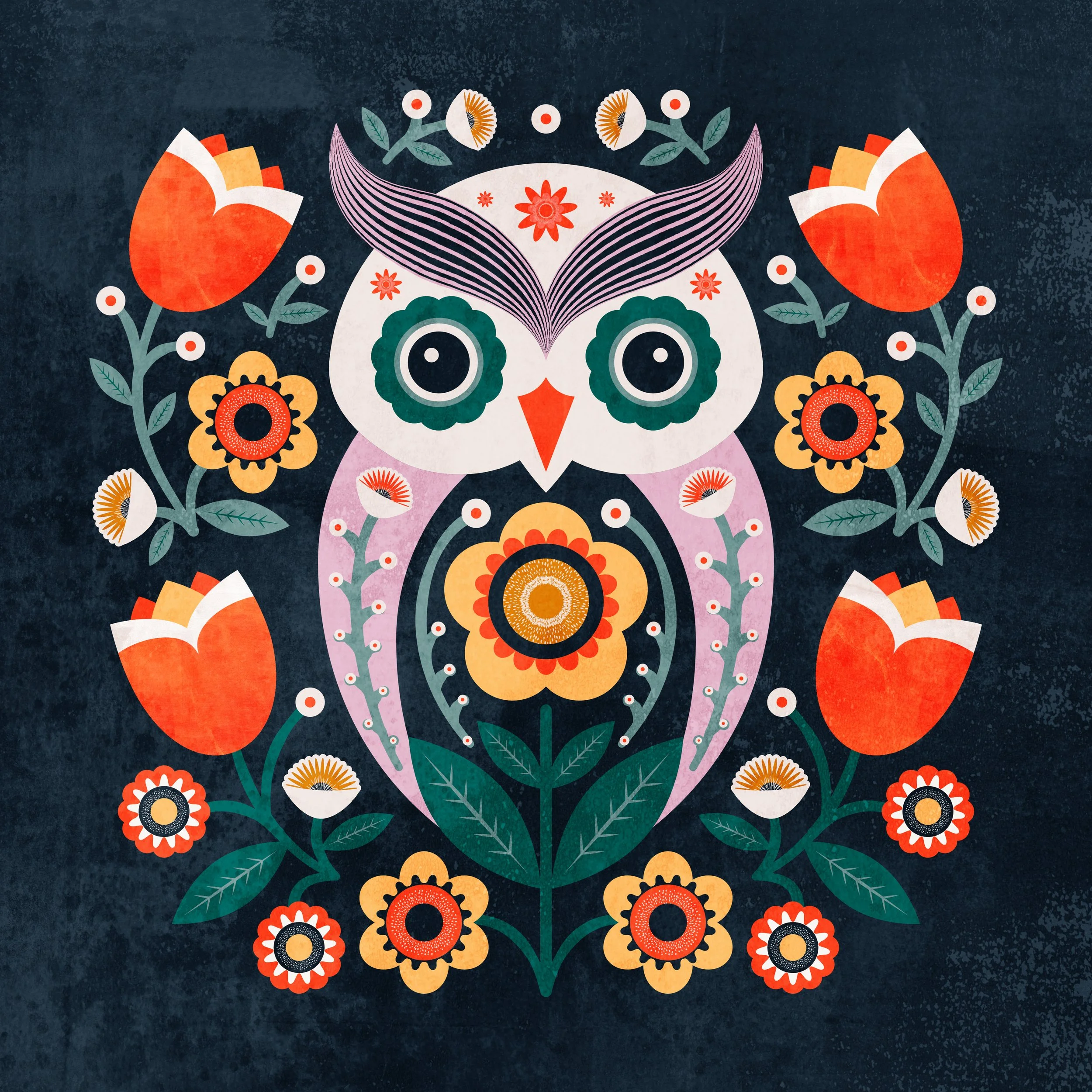 Folk-inspired owl illustration surrounded by stylized flowers and ornamental botanical patterns.
