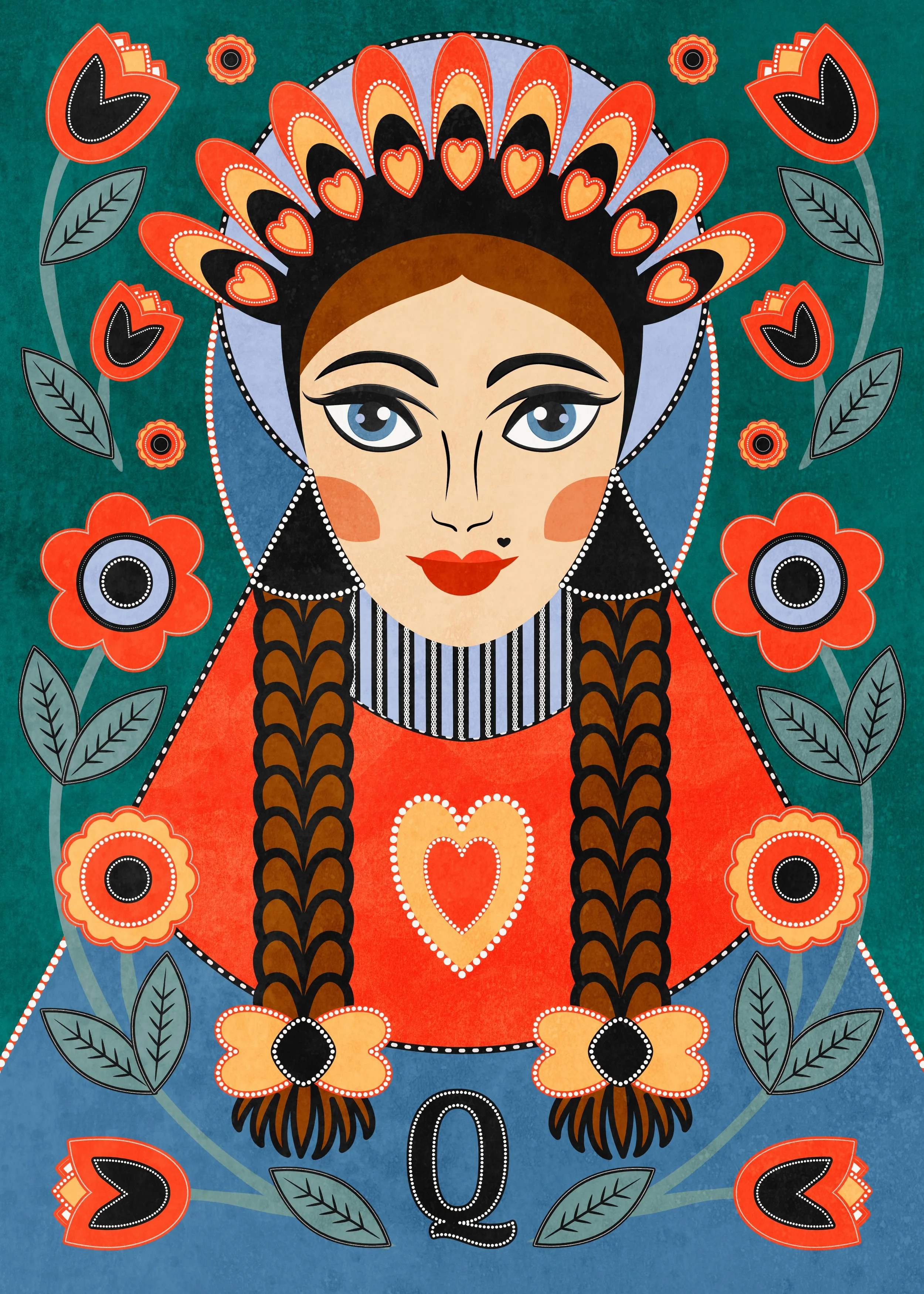 Folk-inspired female portrait illustration with braided hair, floral motifs, and decorative symmetrical design.