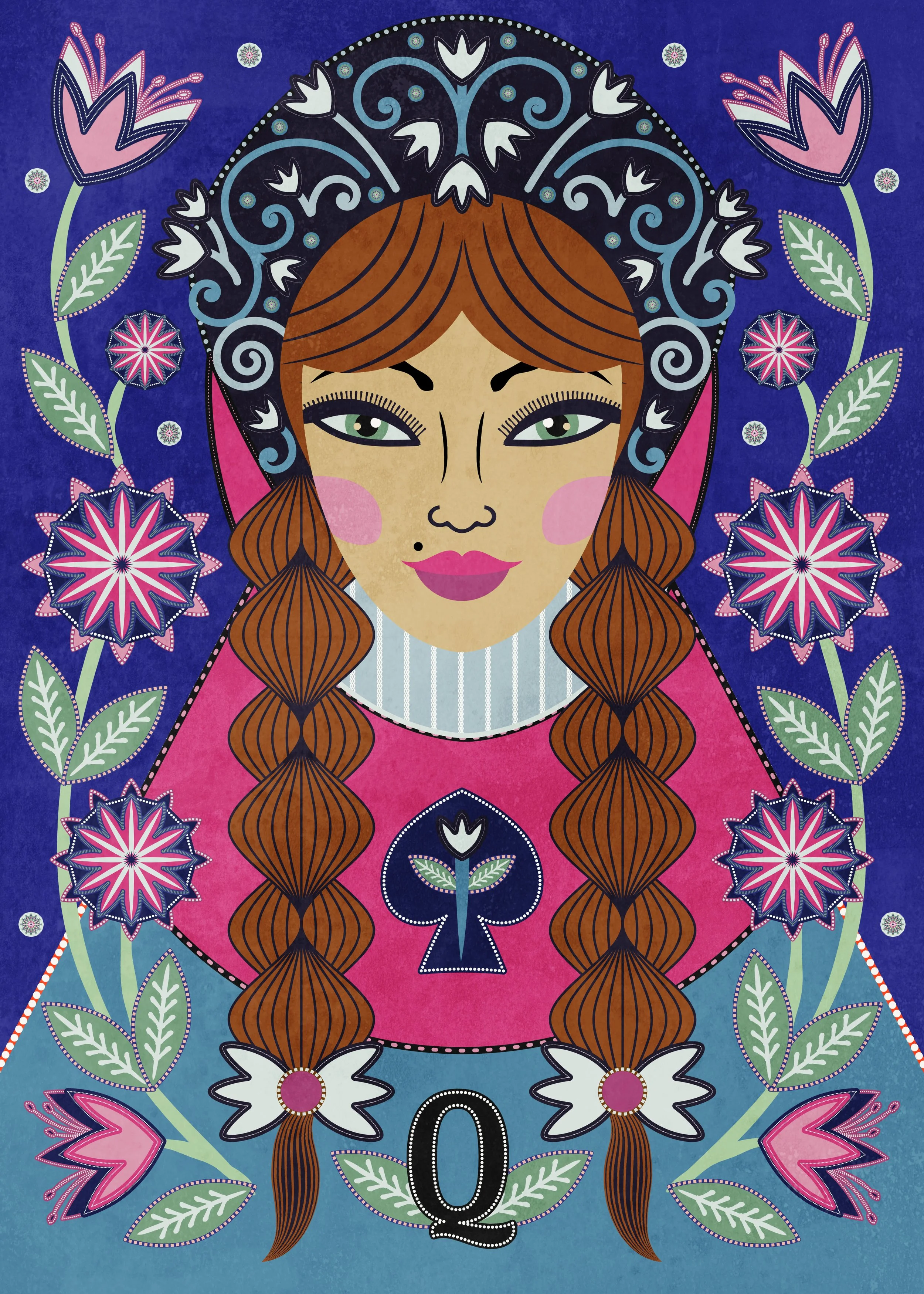 Decorative folk art portrait illustration with braided hair and botanical floral elements on vibrant background.