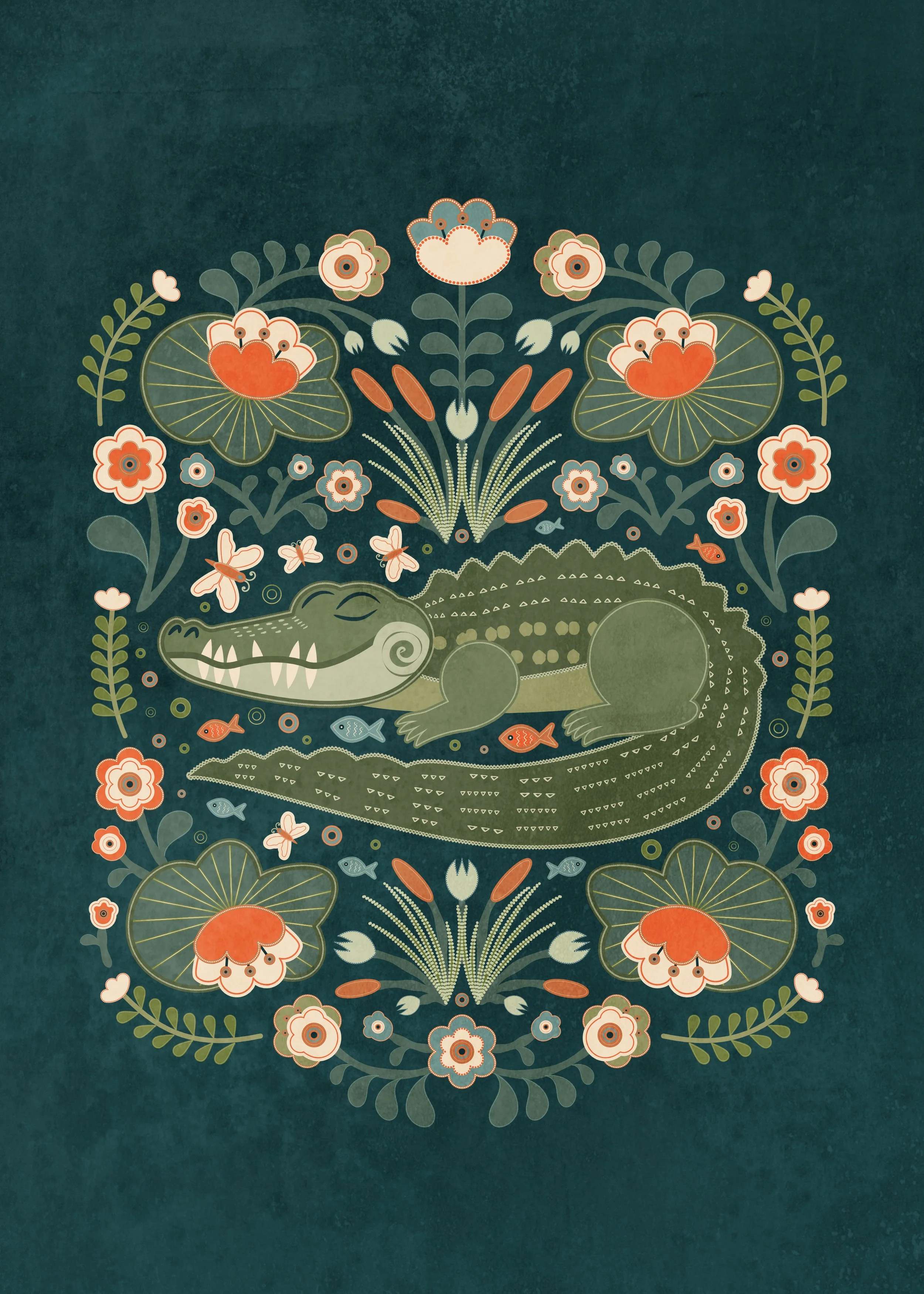 Folk-inspired alligator illustration surrounded by decorative floral elements in a symmetrical botanical composition.