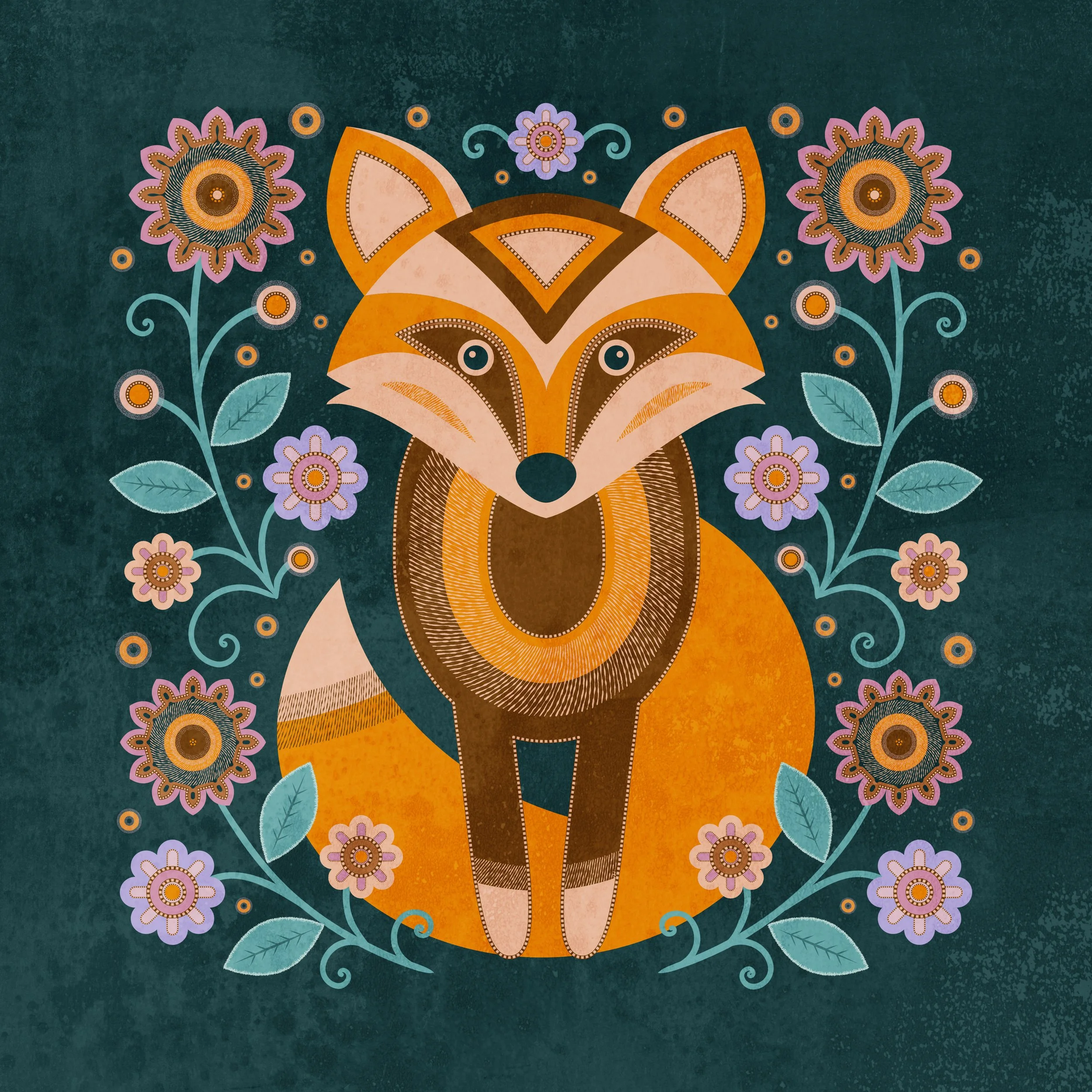 Whimsical fox illustration with decorative floral folk art elements and layered vector-style detail.
