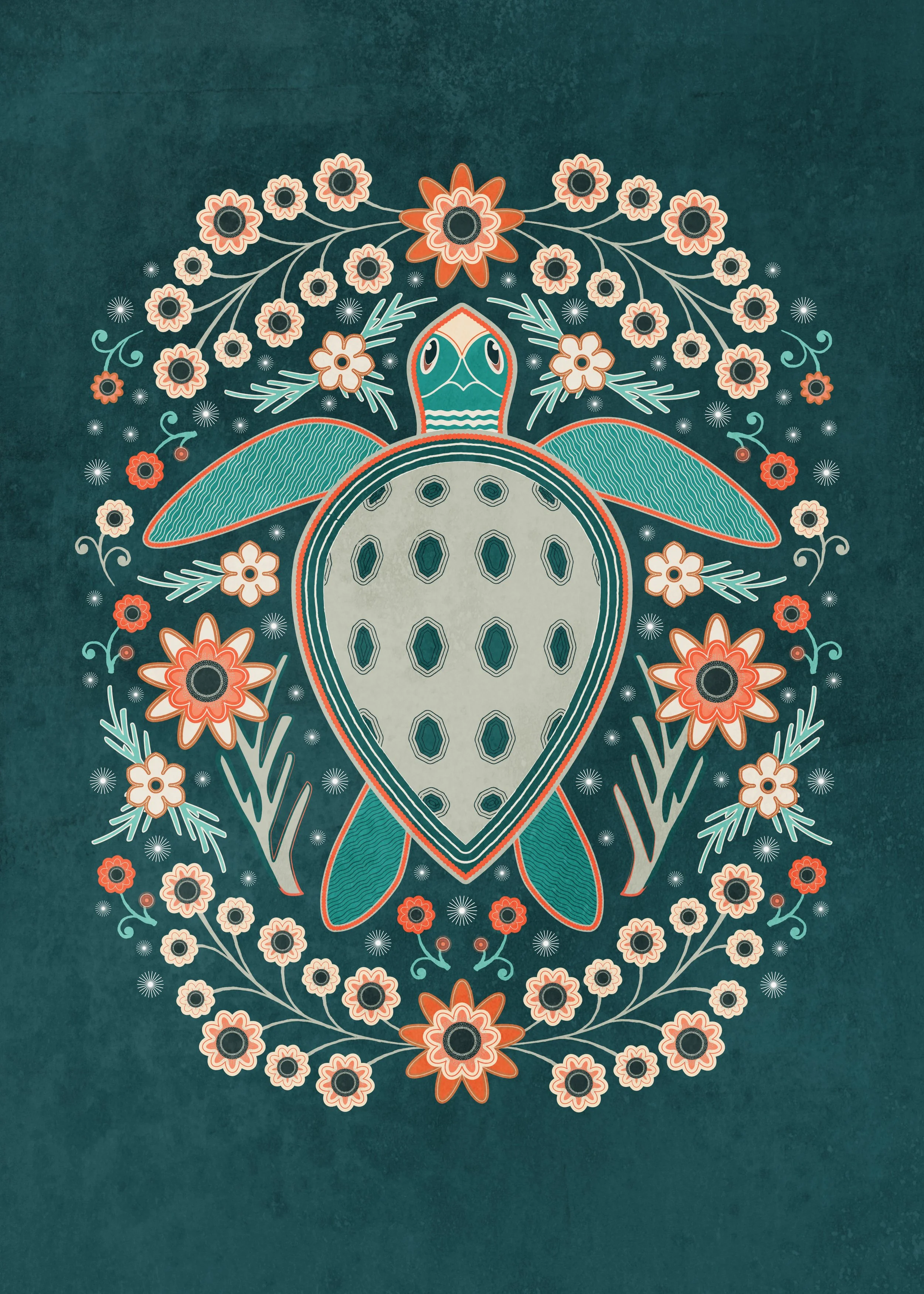 A decorative floral folk illustration inspired by Florida’s coastal ecosystems. The sea turtle is framed by symmetrical flowers, botanical motifs, and ocean-inspired forms, creating a vibrant ornamental composition. Designed digitally as vector artwo