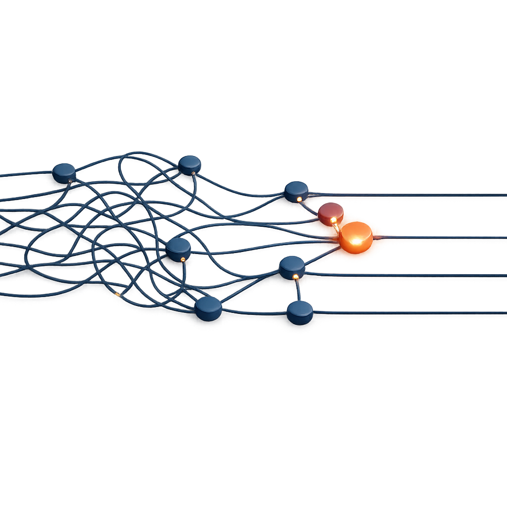 Abstraktes Netzwerkdiagramm mit einem hervorgehobenen Knoten in Warnfarbe, symbolisiert die Fehlersuche im Netzwerk auf der Baustelle