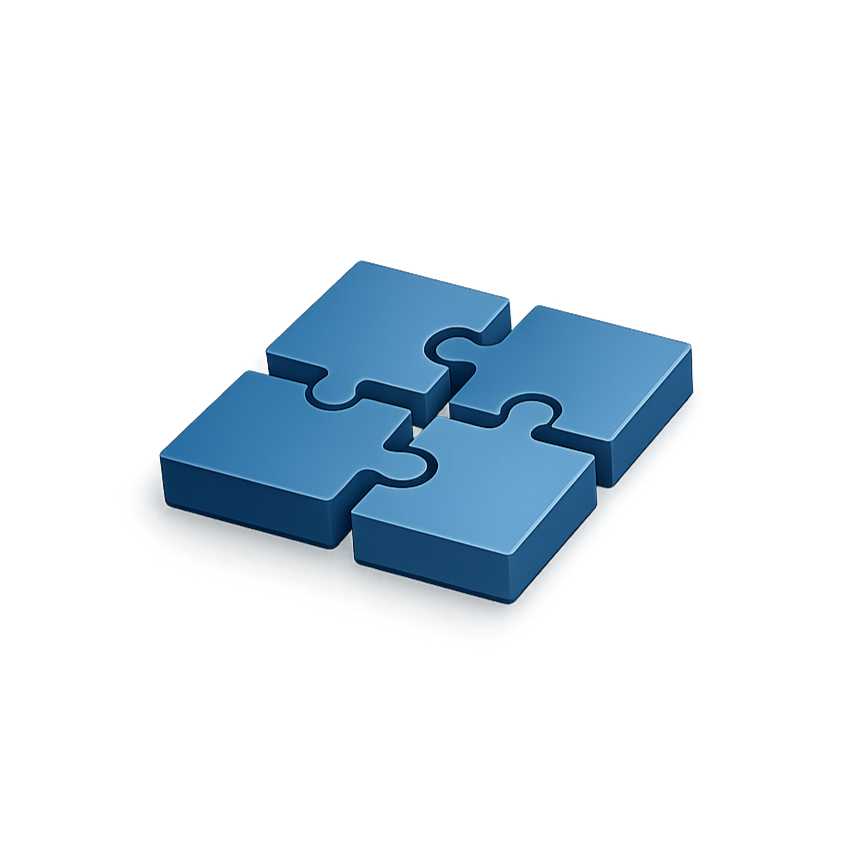 Mehrere Puzzleteile in Marineblau, die fast zusammenpassen, symbolisiert ergänzende IT-Themen rund um das Netzwerk