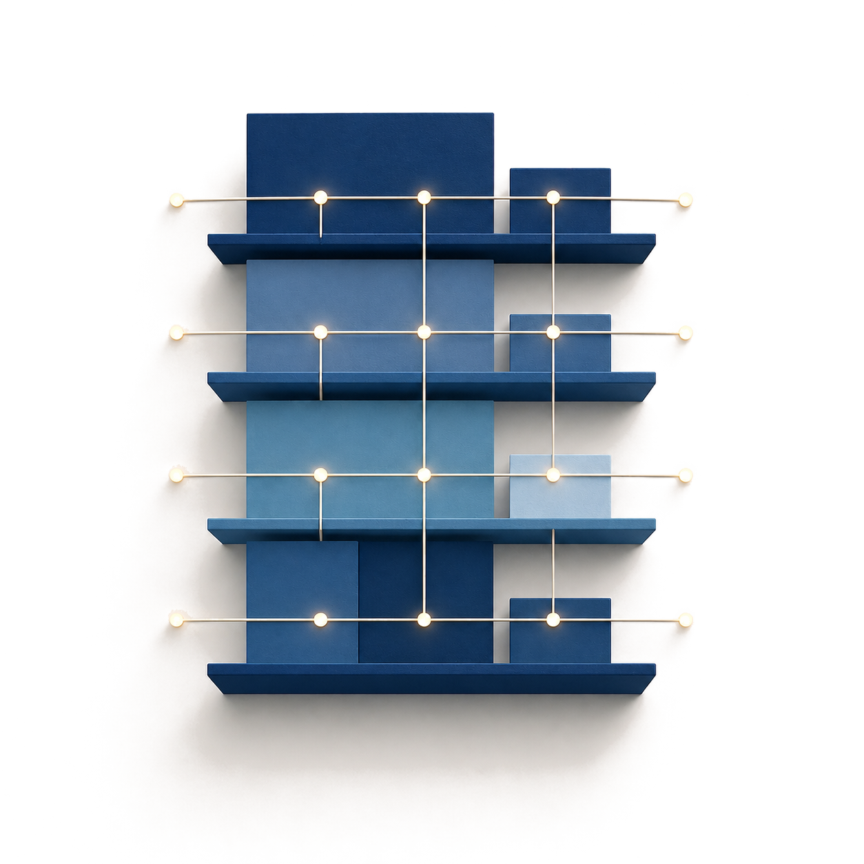 Geometrische Darstellung eines mehrstöckigen Gebäudes mit vernetzten Ebenen, symbolisiert Netzwerkinfrastruktur in Gewerbeobjekten und Hotels