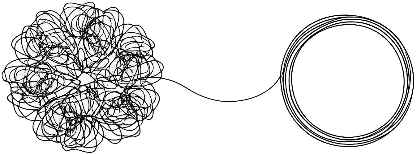 Illustration: Eine chaotische Schnur, die sich zu einem geordneten Kreis formt – Symbol für Struktur und Klarheit in der IT