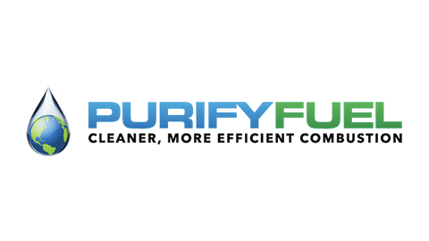 Purify Fuel logo with a blue water droplet containing a globe, and the slogan 'Cleaner, More Efficient Combustion'.